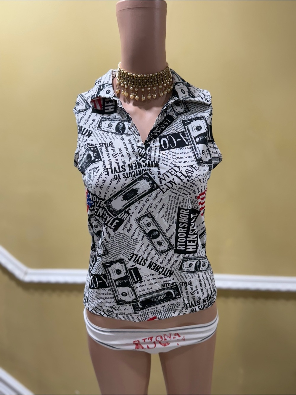 Joyce Leslie Black & White Newsprint Collared Tank Top